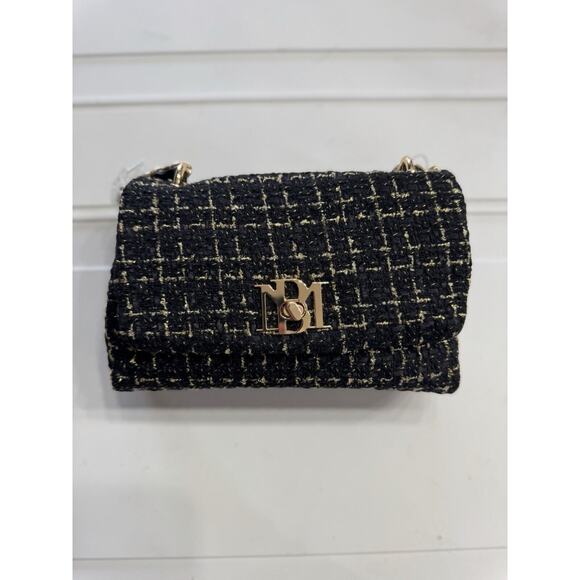 Badgley Mischka Woven Tweed Messenger Bag NWT Gold Black Pearls Chain $149 - Picture 1 of 6
